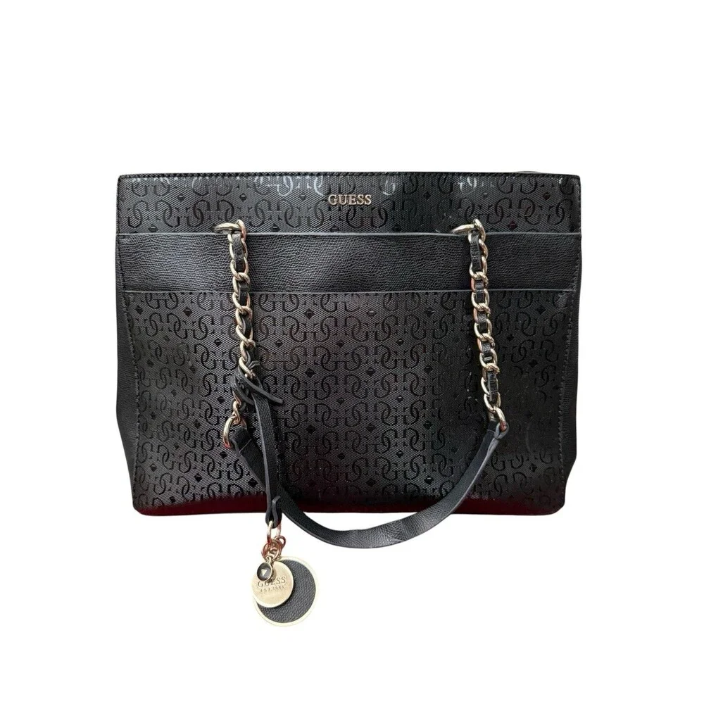 GUESS Black Tonal Logo Monogram Tote Gold Chain Shoulder Bag Charm Y2K